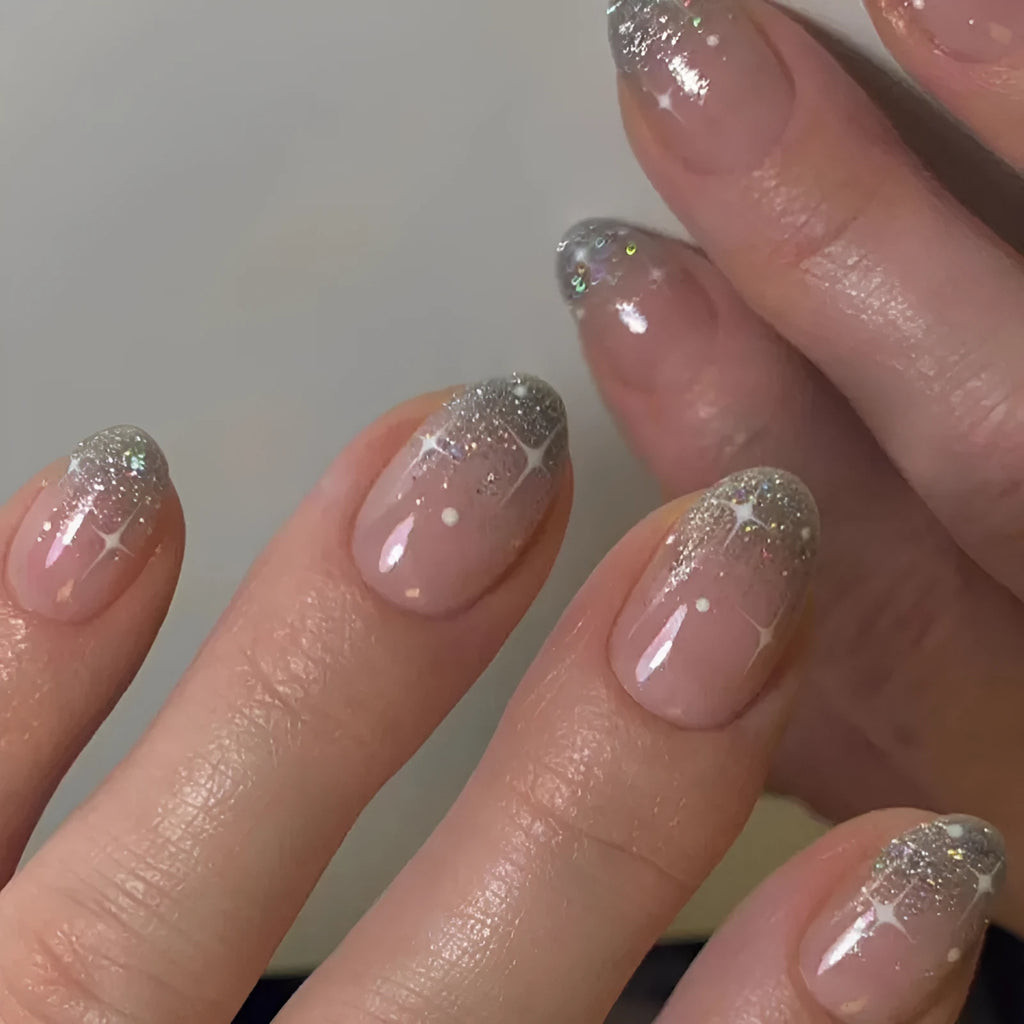 White Asterism Short Wear Armor wearable nail stickers in French sweet cool style with 24 manicure tablets and glue