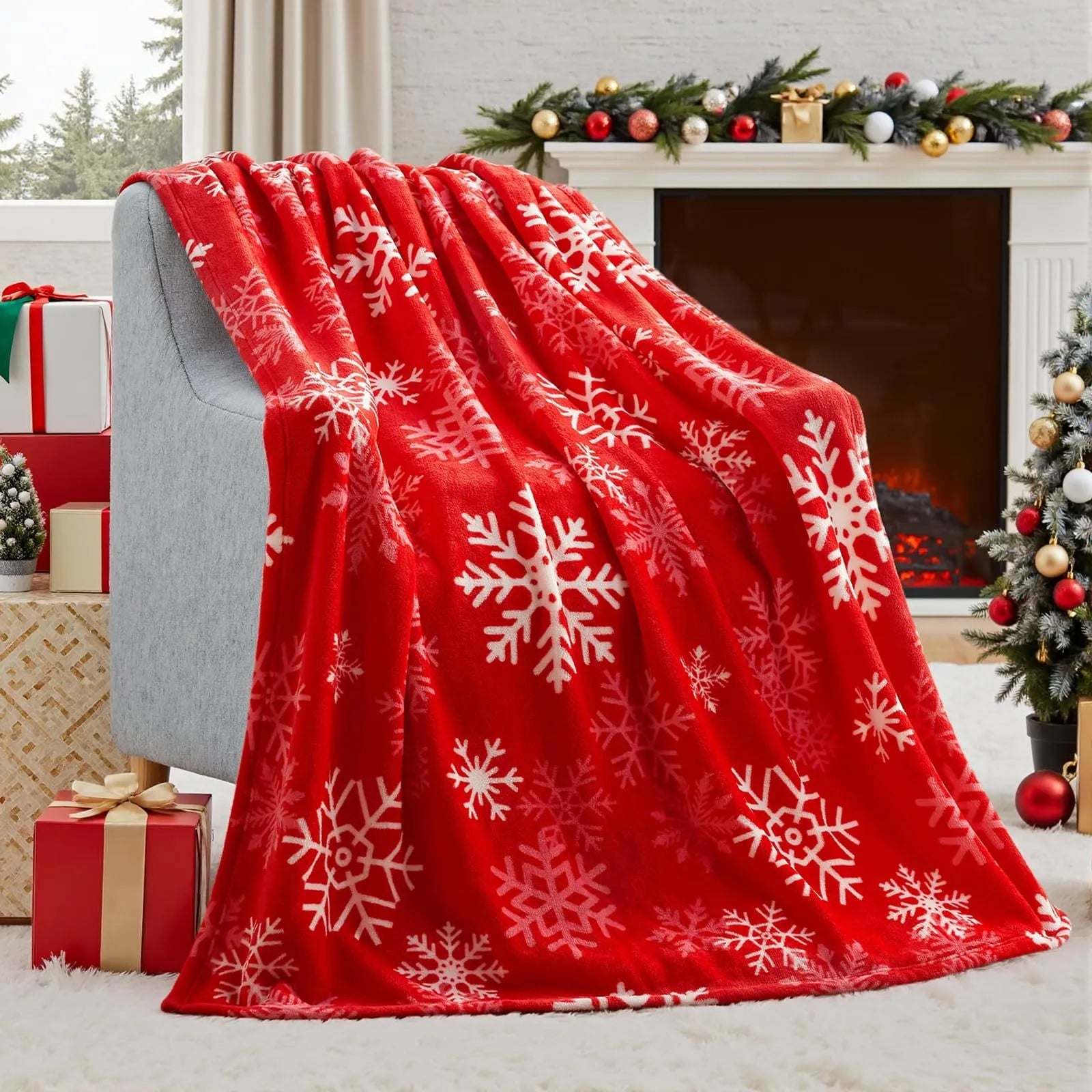 Soft red polyester flannel Christmas blanket draped over a sofa