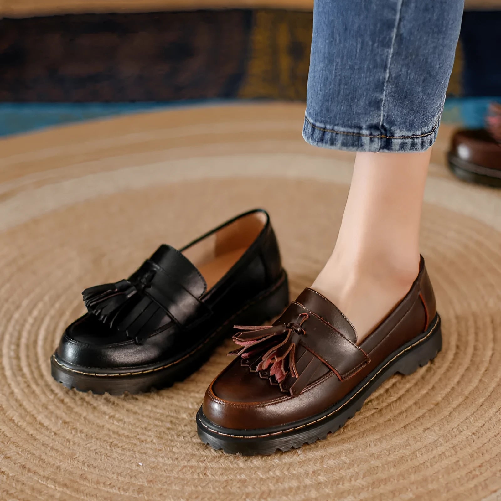Women's chunky heel loafers with tassel detail in cowhide leather