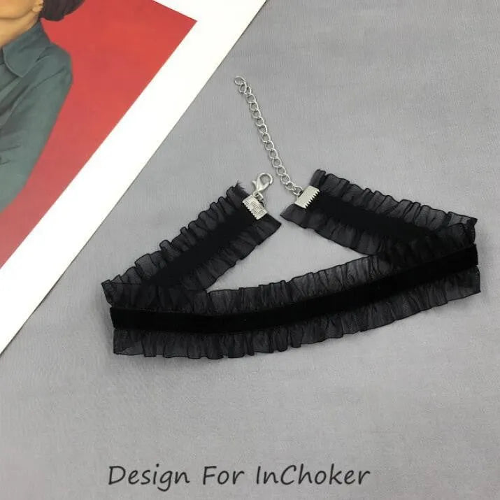 Velvet ruffled clavicle necklace with flower pendant and snake bone chain in three colour options