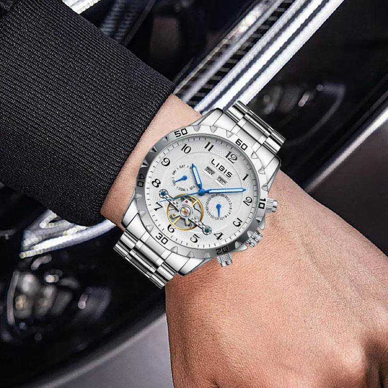 Men's silver automatic perpetual calendar mechanical watch with stainless steel bracelet