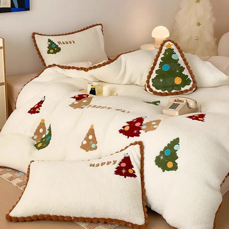 Bright yellow fleece-lined bedding set with cartoon Christmas tree pattern, shown with sheet, quilt cover, and two pillowcases.