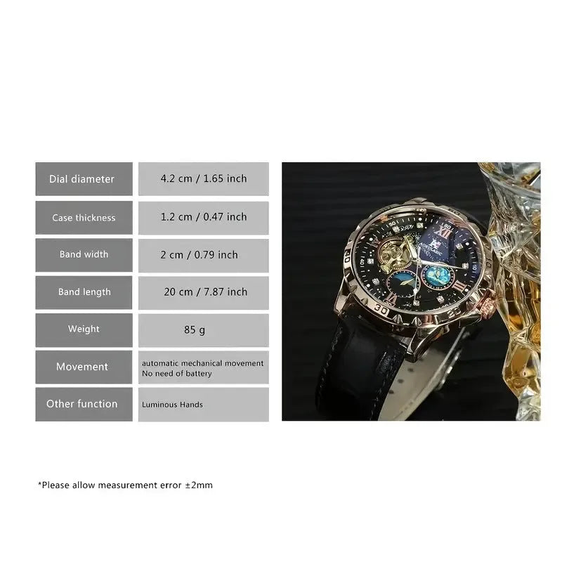 Men's black automatic watch with rose gold shell, large hollow dial, and genuine leather strap.