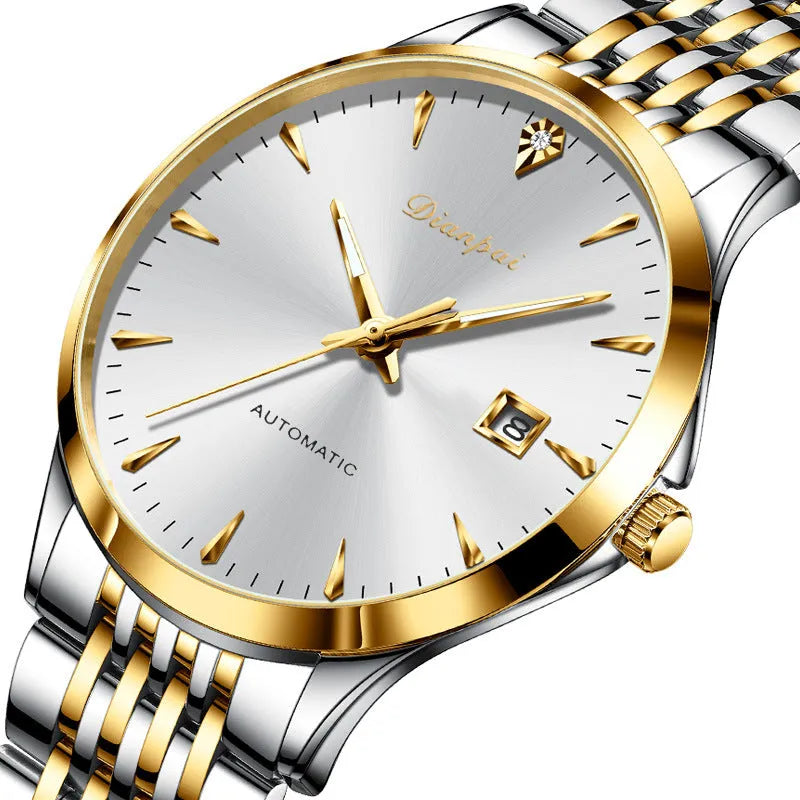 Men's automatic mechanical watch with stainless steel strap and simple dial, shown in golden black finish.