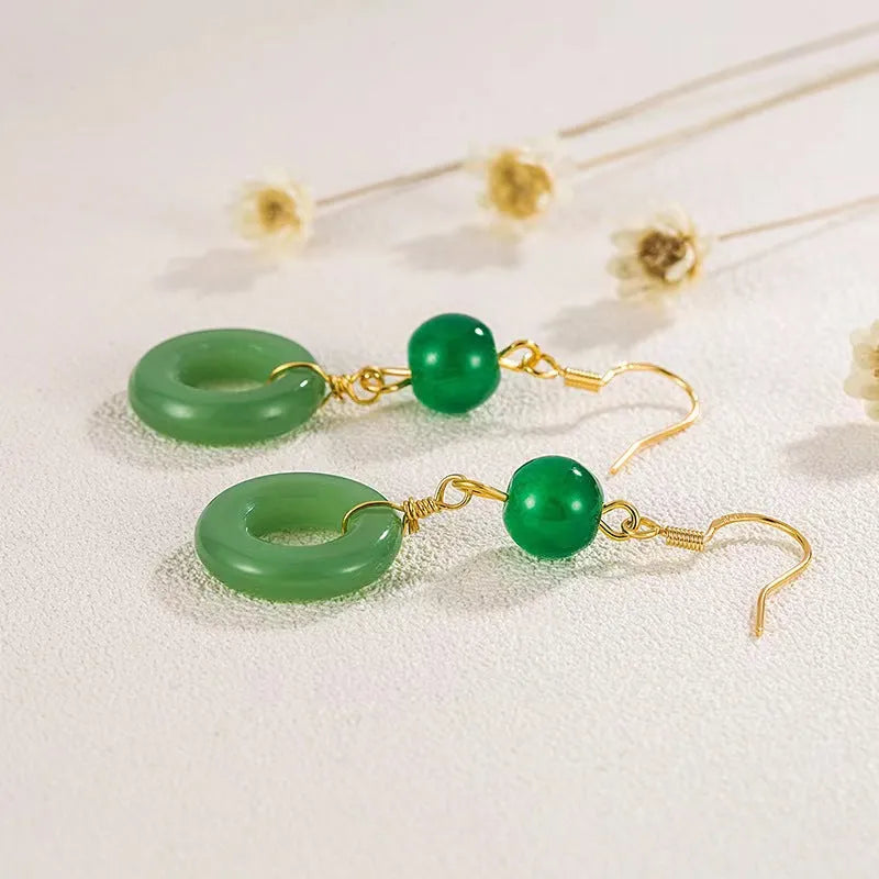 Green Chinese-style geometric peace buckle earrings with zinc alloy construction and gold plating