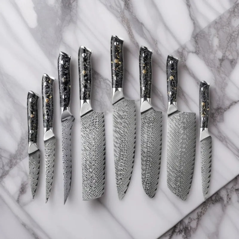 Eight-piece Damascus steel kitchen knife set showing fishbone pattern, including chef, boning, utility, and fruit knives.