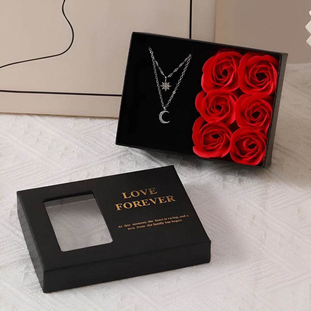 Korean style red soap flower gift set with six artificial roses in a jewellery box.