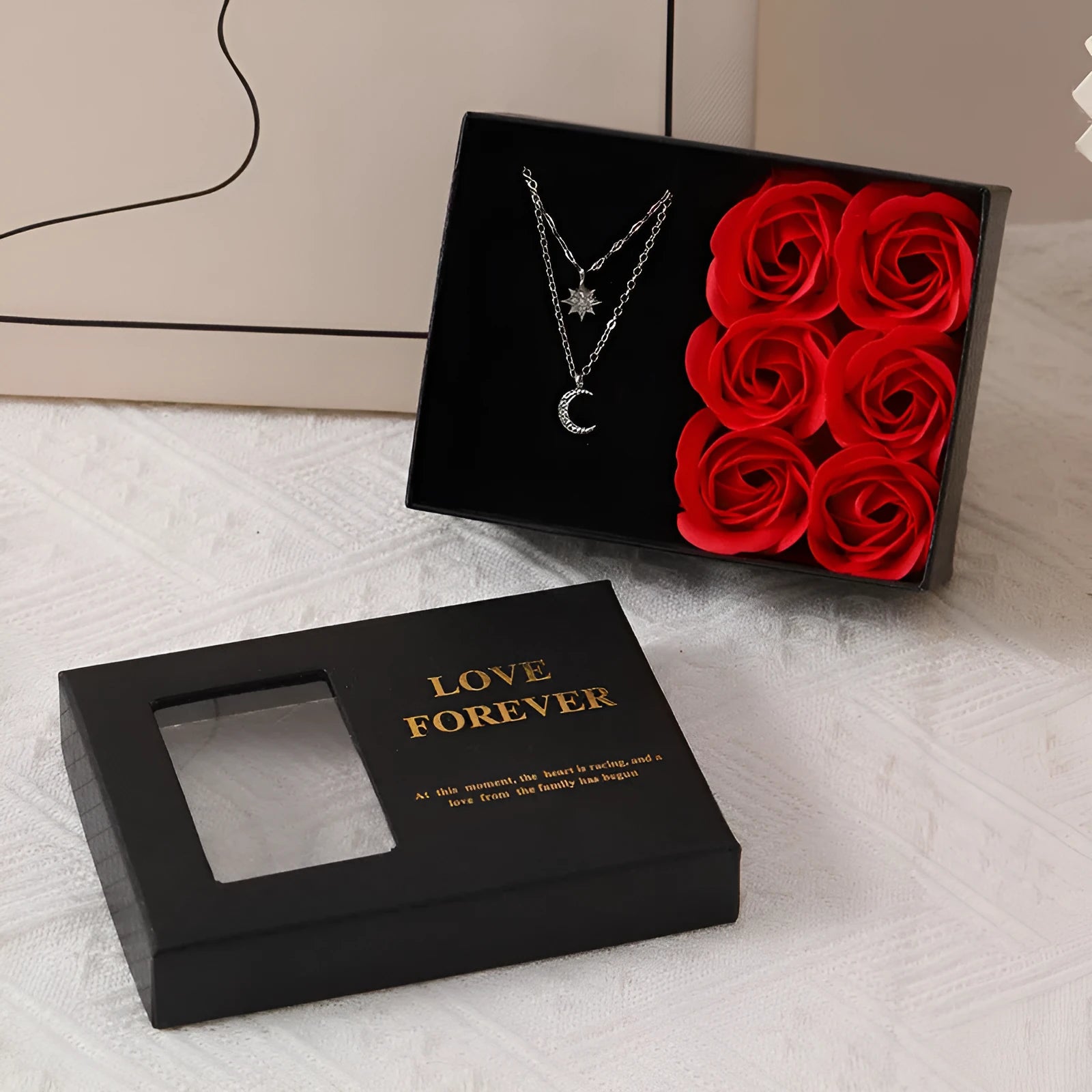Korean style red soap flower gift set with six artificial roses in a jewellery box.