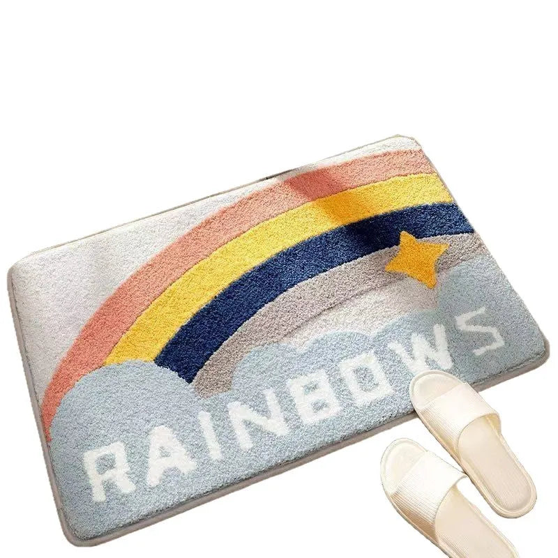 Sky sea rainbow print cashmere carpet floor mat with a plastic bottom.
