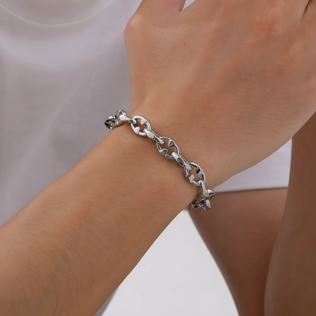 Handmade thick stainless steel geometric chain bracelet for men, shown in steel colour.