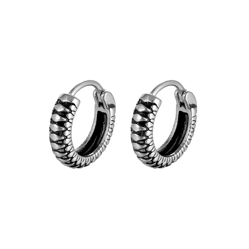 Geometric round stainless steel earrings with retro striped pattern in silver colour