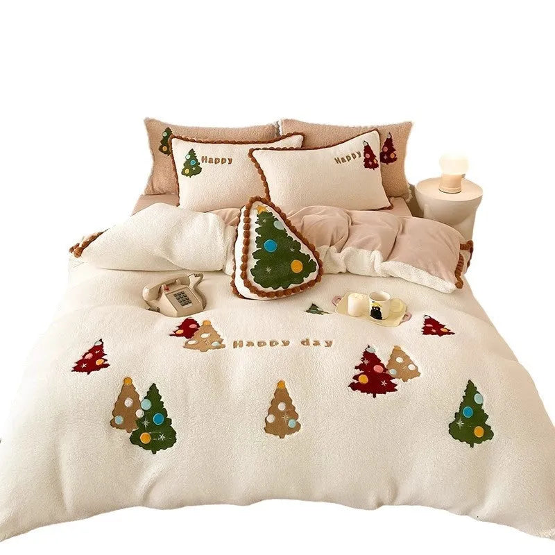 Bright yellow fleece-lined bedding set with cartoon Christmas tree pattern, shown with sheet, quilt cover, and two pillowcases.