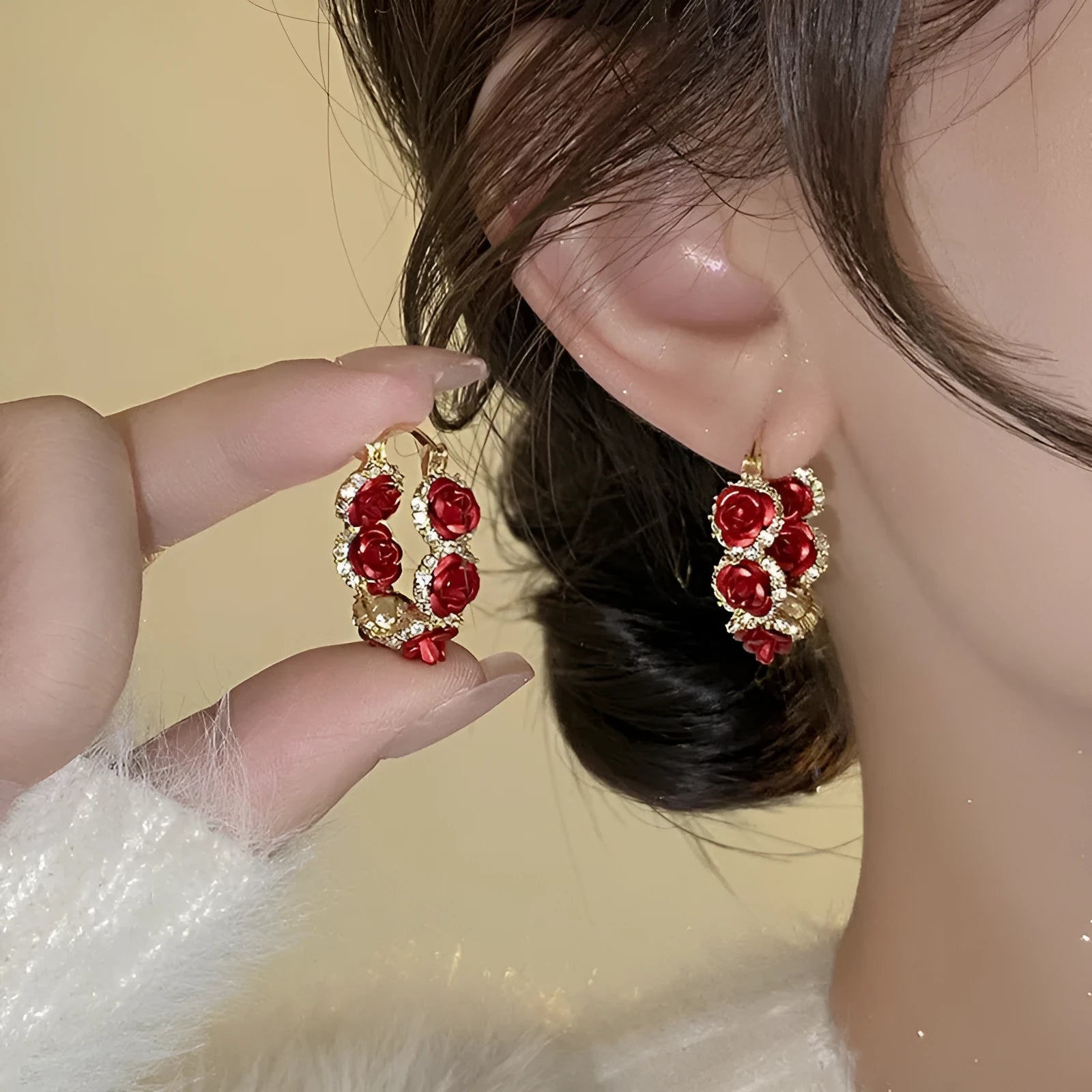 Red alloy flower ear clip with rose element design for women