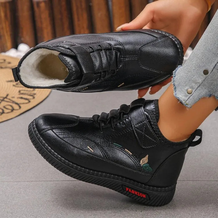 Women's black velvet cotton shoes with non-slip rubber soles and hollow-out design