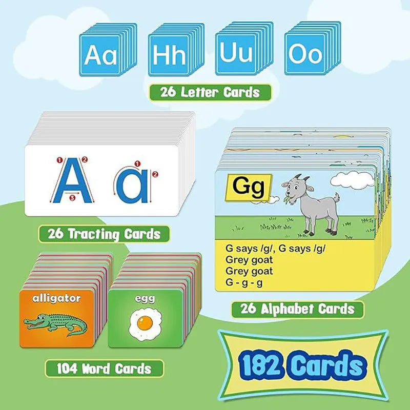 Large alphabet learning sleeve chart with colourful letter, word, and picture cards displayed on its surface.