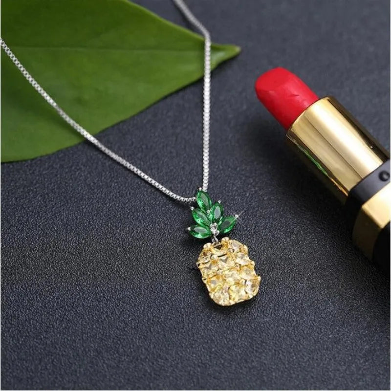 Silver Korean women's necklace with a geometric pineapple and diamond charm on an adjustable chain.