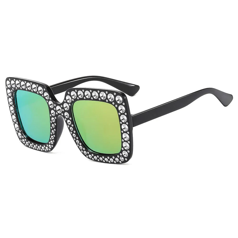 Plastic fashion sunglasses in various colour and lens combinations on a plain background.