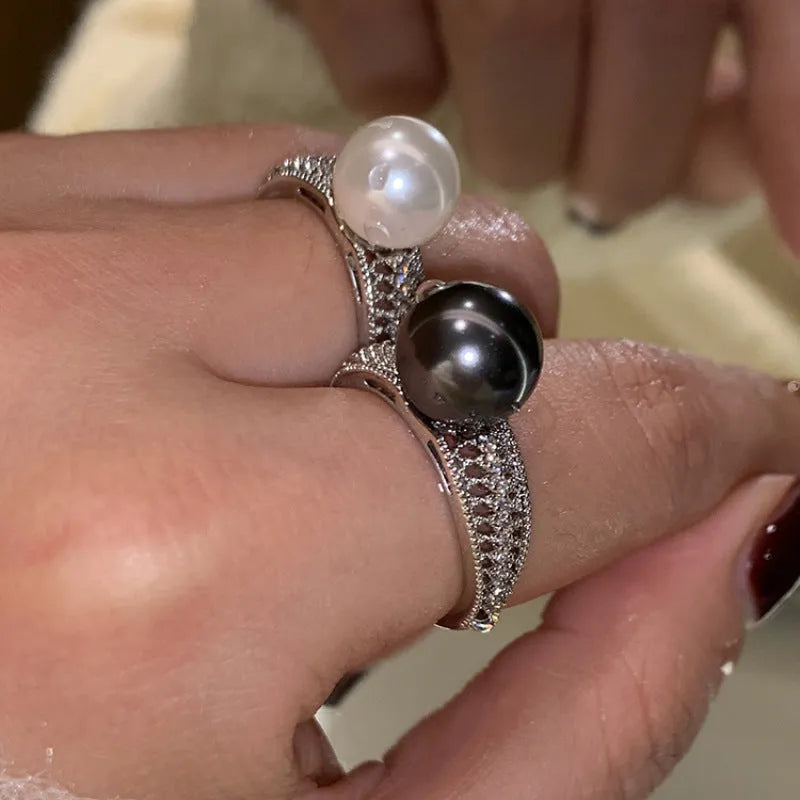 Adjustable geometric copper finger ring with black pearl finish for women