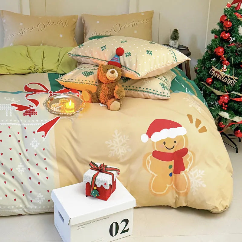 Christmas cartoon printed four-piece bedding set with super soft washed fabric on a bed