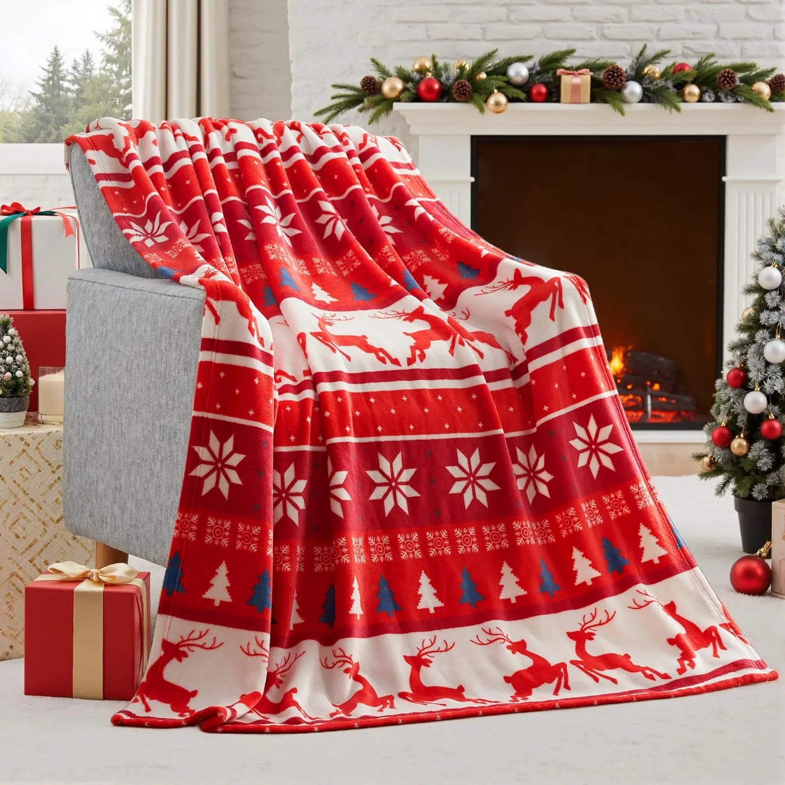 Soft red polyester flannel Christmas blanket draped over a sofa