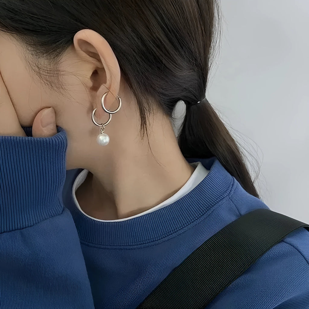 Women's alloy pearl geometric earrings with titanium steel posts and round design