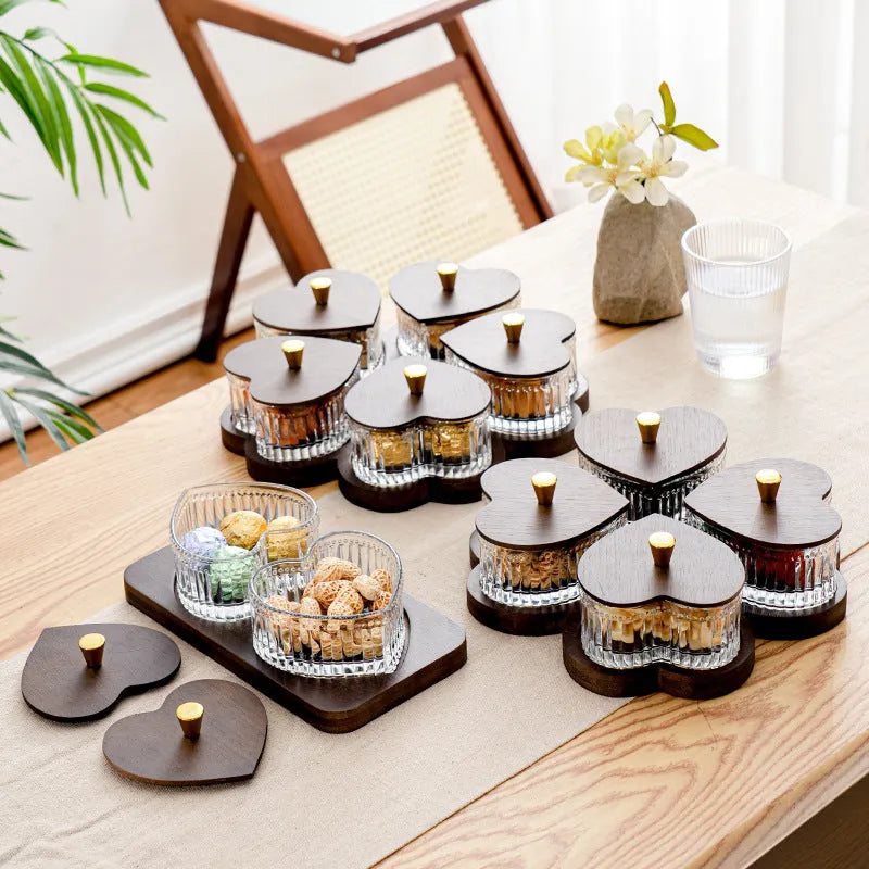 Glass retro serving tray with coloured glaze and heart-shaped transparent lids, available in 2, 3, 4, or 5 grid options.
