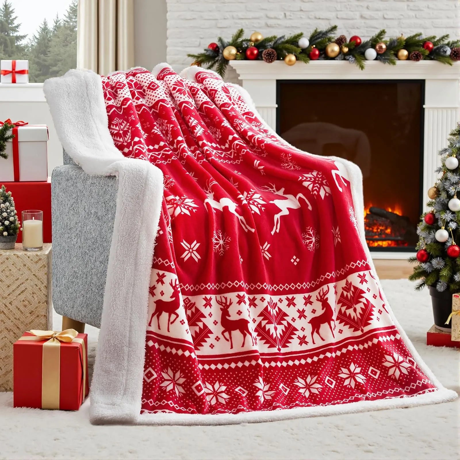 Soft red polyester flannel Christmas blanket draped over a sofa