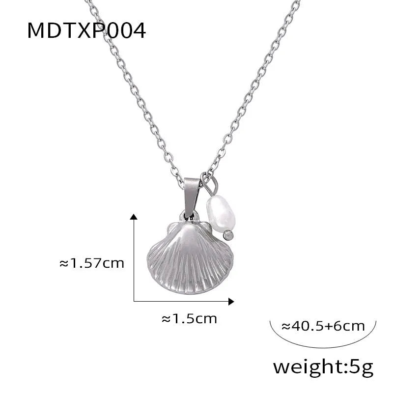 Gold tone vintage shell pendant necklace with a freshwater pearl bead on an O-shaped titanium steel chain.