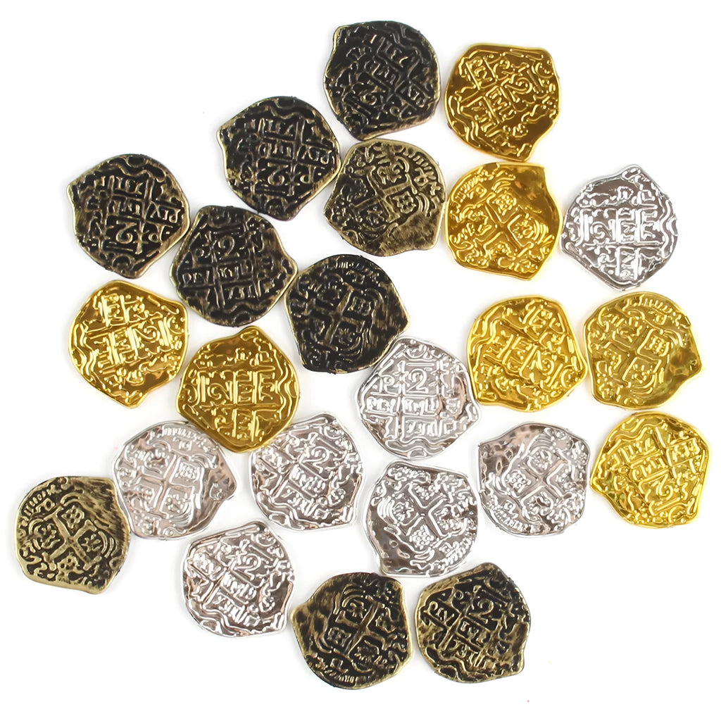Set of 100 electroplated plastic Roman pirate coins in choice of bronze, gold, or silver finish.