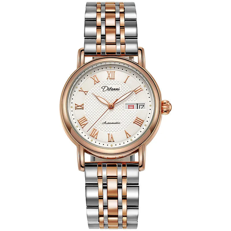 Automatic women's mechanical fashion watch with a 12mm thick case on a steel bracelet.