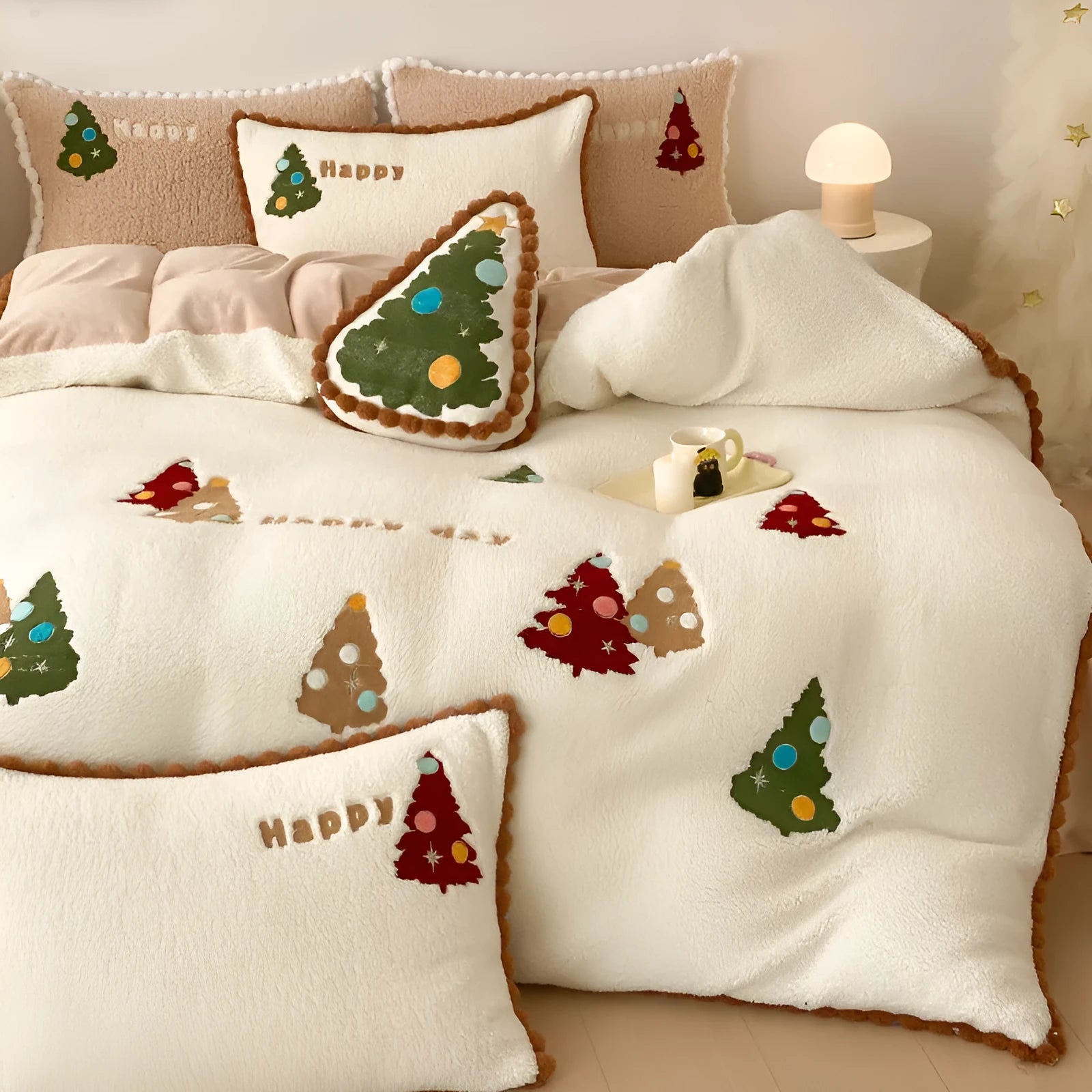 Bright yellow fleece-lined bedding set with cartoon Christmas tree pattern, shown with sheet, quilt cover, and two pillowcases.