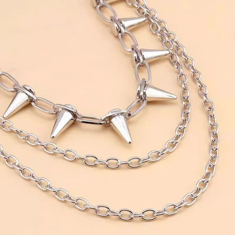 Silver metal pants chain with double-layer design and rivet detailing for punk hip hop fashion