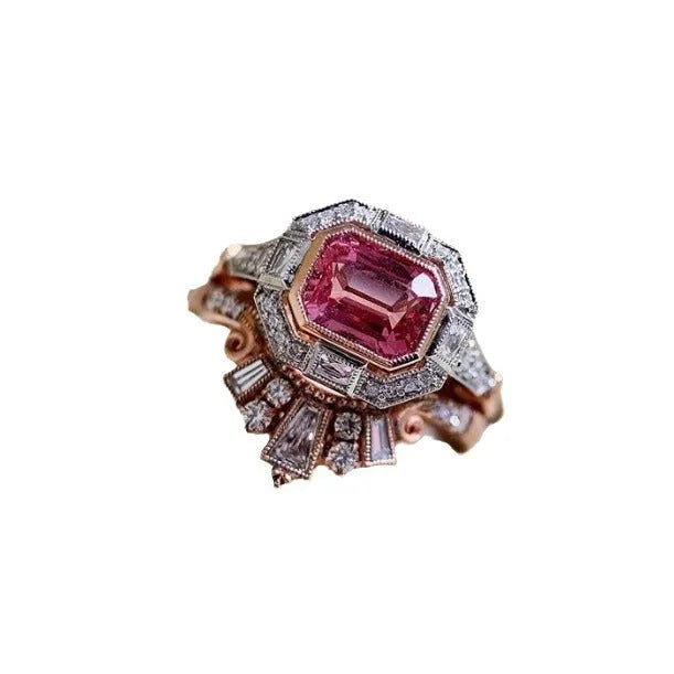 Rose gold geometric women's fashion ring in a retro style on a hand.