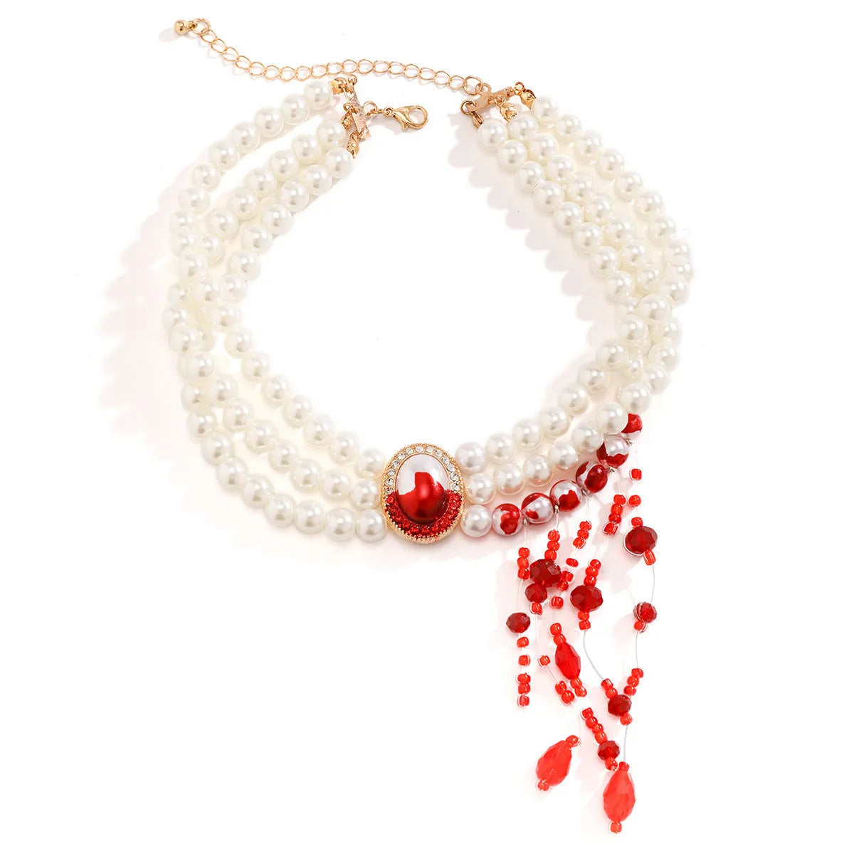Halloween jewellery set with pearl collar necklace, bracelet and stud earrings in electroplated gold gothic style