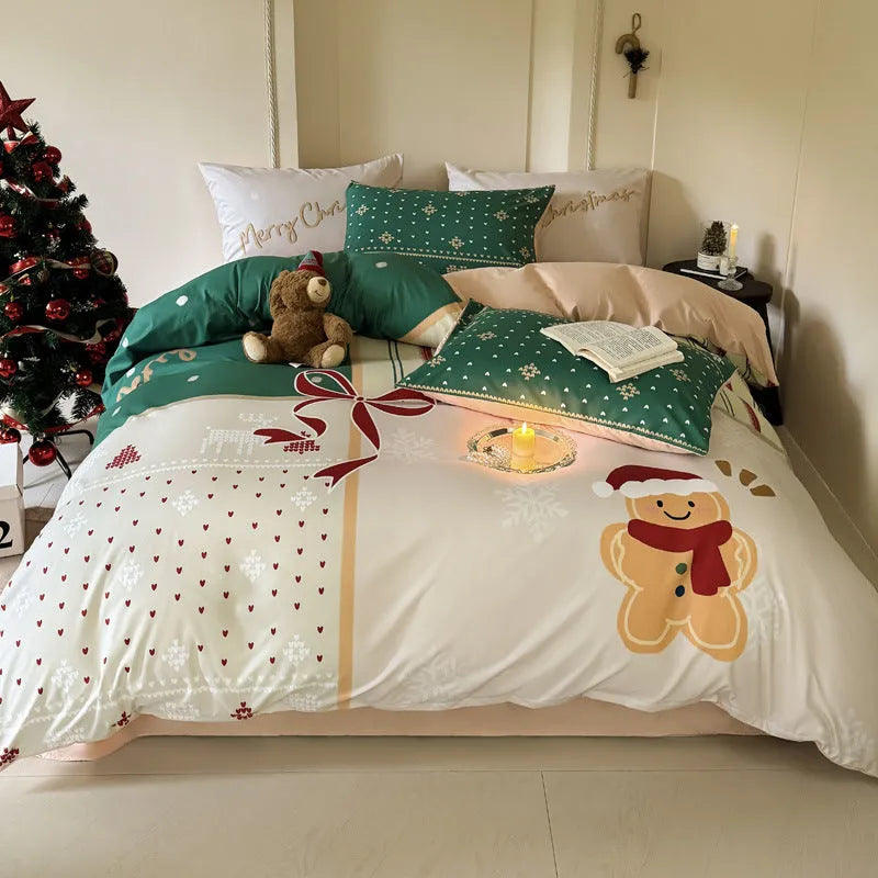 Christmas cartoon printed four-piece bedding set with super soft washed fabric on a bed