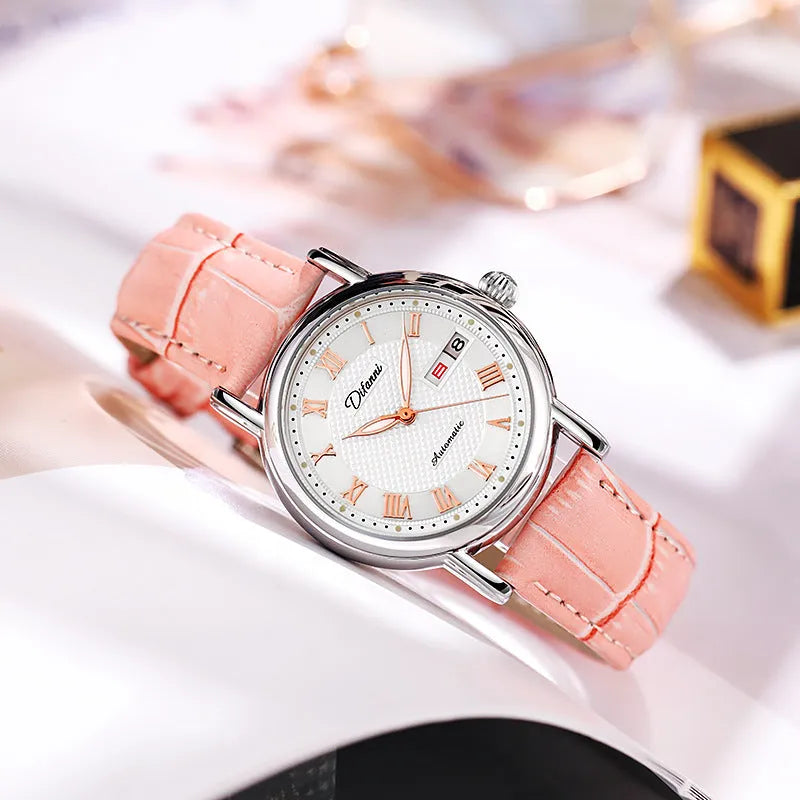 Automatic women's mechanical fashion watch with a 12mm thick case on a steel bracelet.