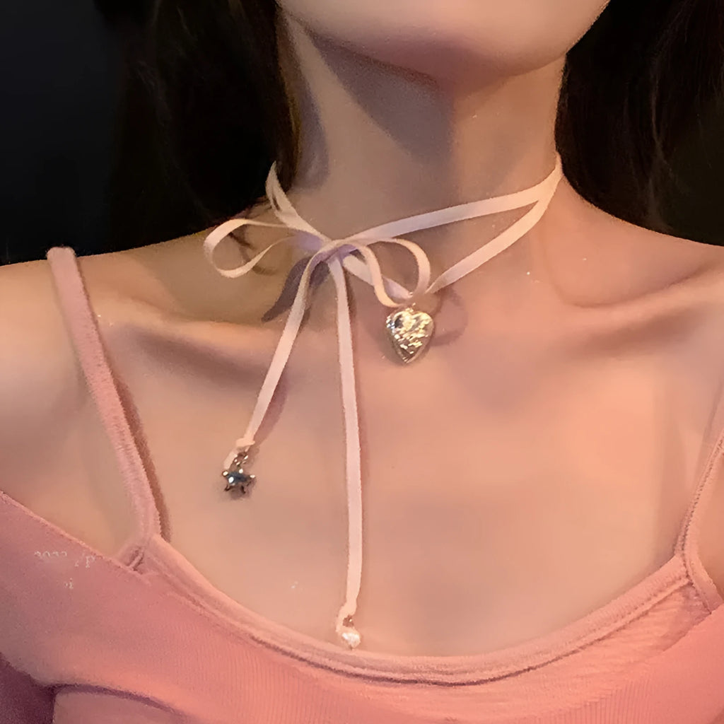 Women's ribbon and love pendant alloy necklace in electroplated finish