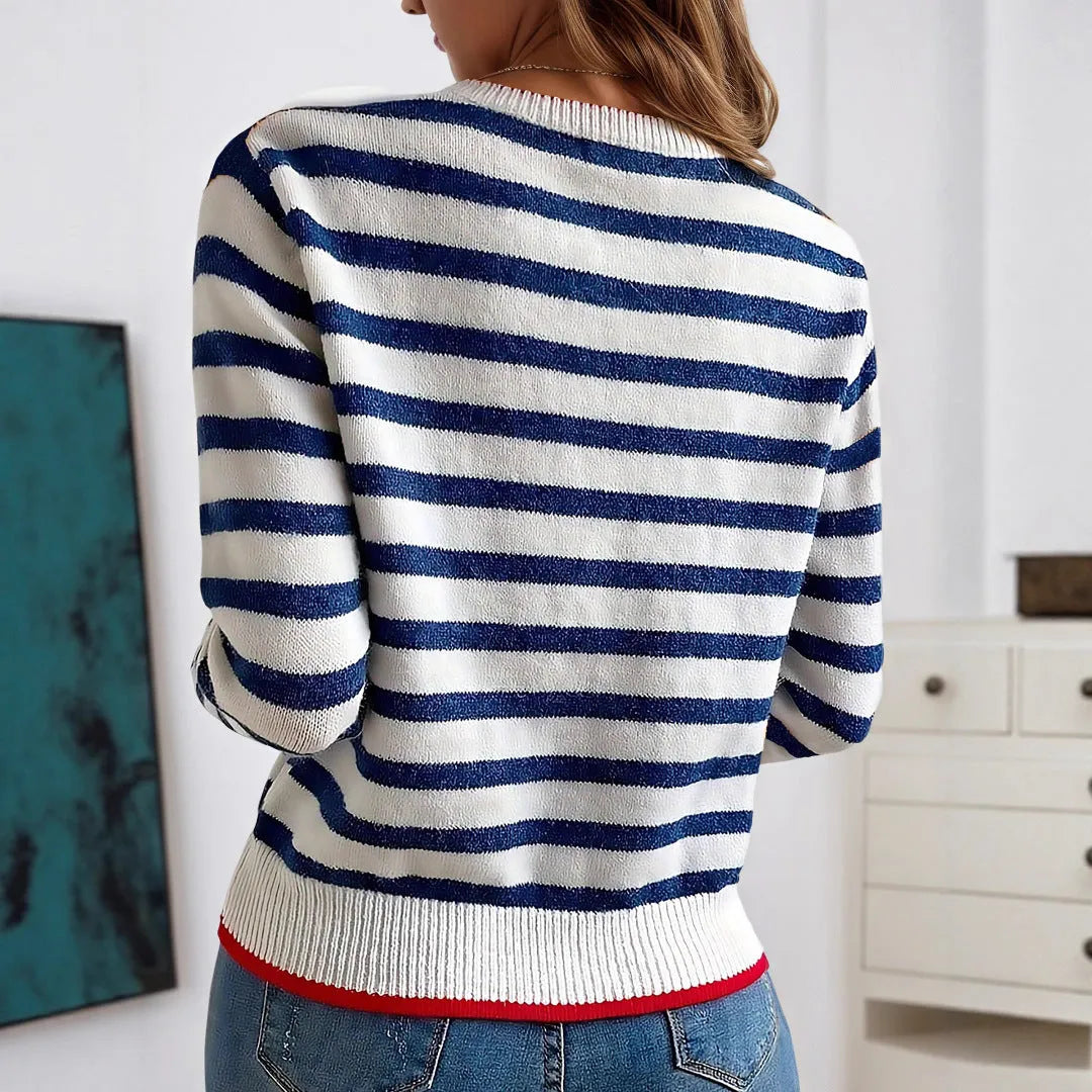 Sapphire Blue striped pullover sweater with contrast colour details and round neck