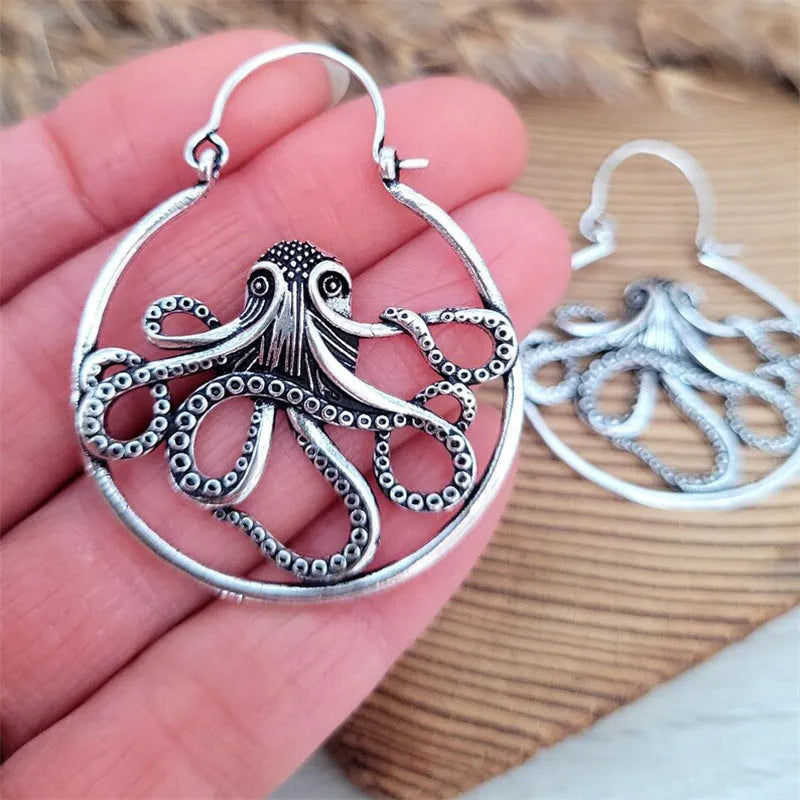 Vintage antique silver octopus earrings with detailed tentacle design on zinc alloy