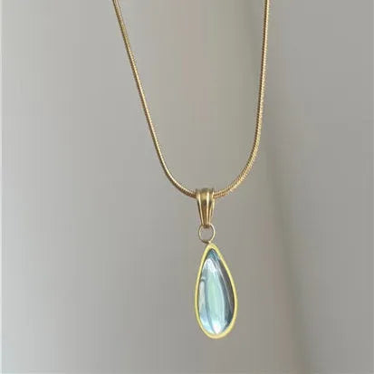 Retro women's water drop necklace with mixed gem inlay on a snake bones chain, in blue or green.
