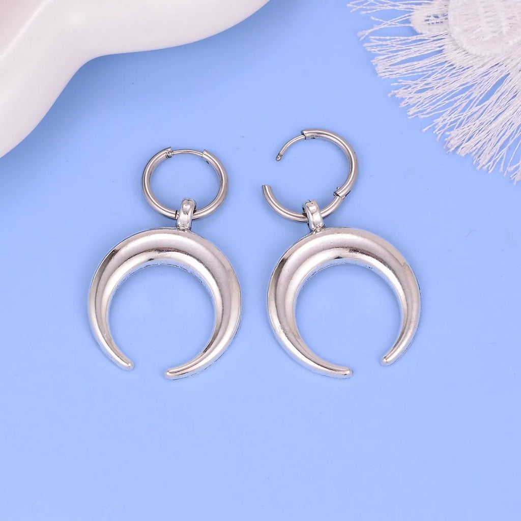 Silver vintage gothic moon big hoop earrings with geometric punk styling