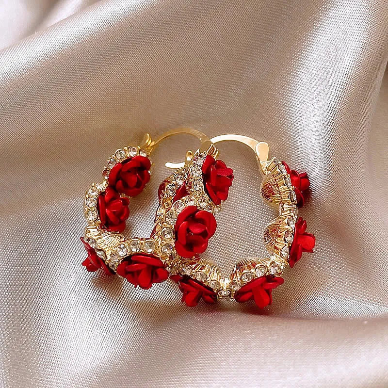 Red alloy flower ear clip with rose element design for women