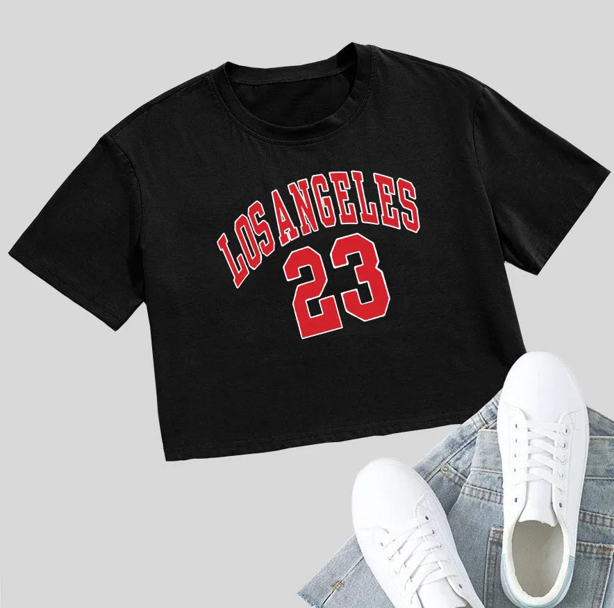A black loose-fit cotton t-shirt with a printed design of white English letters across the chest.