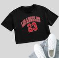 A black loose-fit cotton t-shirt with a printed design of white English letters across the chest.