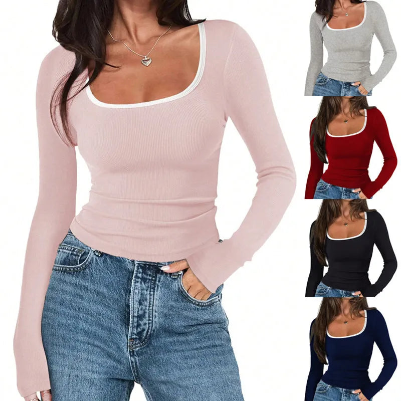 Square collar pullover for women in cotton with slim fit cut and long sleeves
