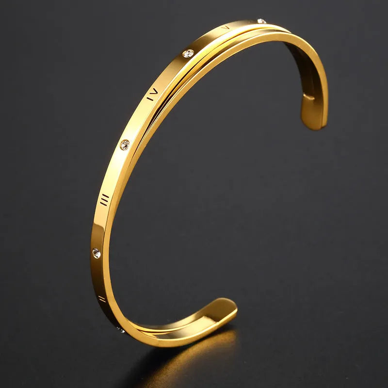 Open-ended stainless steel bracelet with inlaid zircon stones in rose, steel or gold electroplated finish