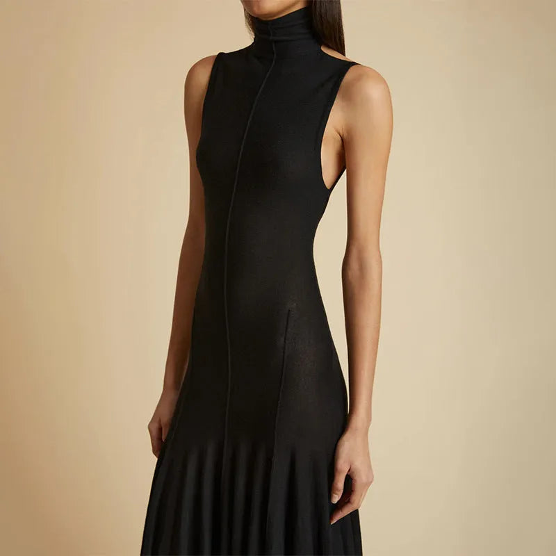 Women's slim-fit half turtleneck backless dress in solid grey cotton fabric