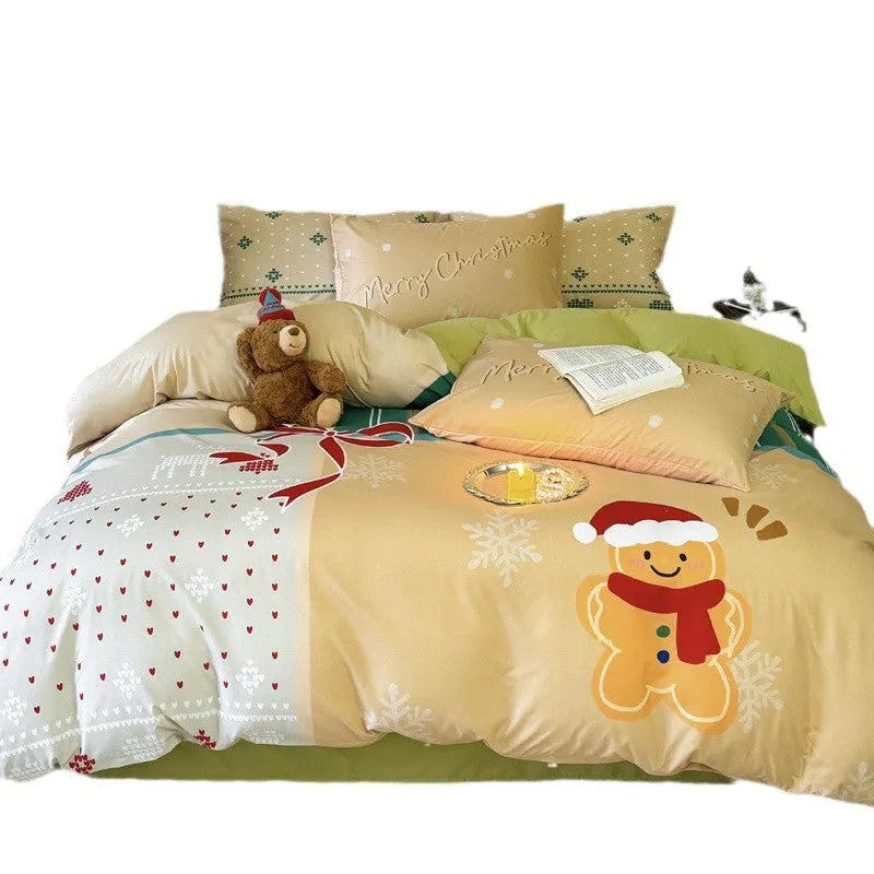 Christmas cartoon printed four-piece bedding set with super soft washed fabric on a bed