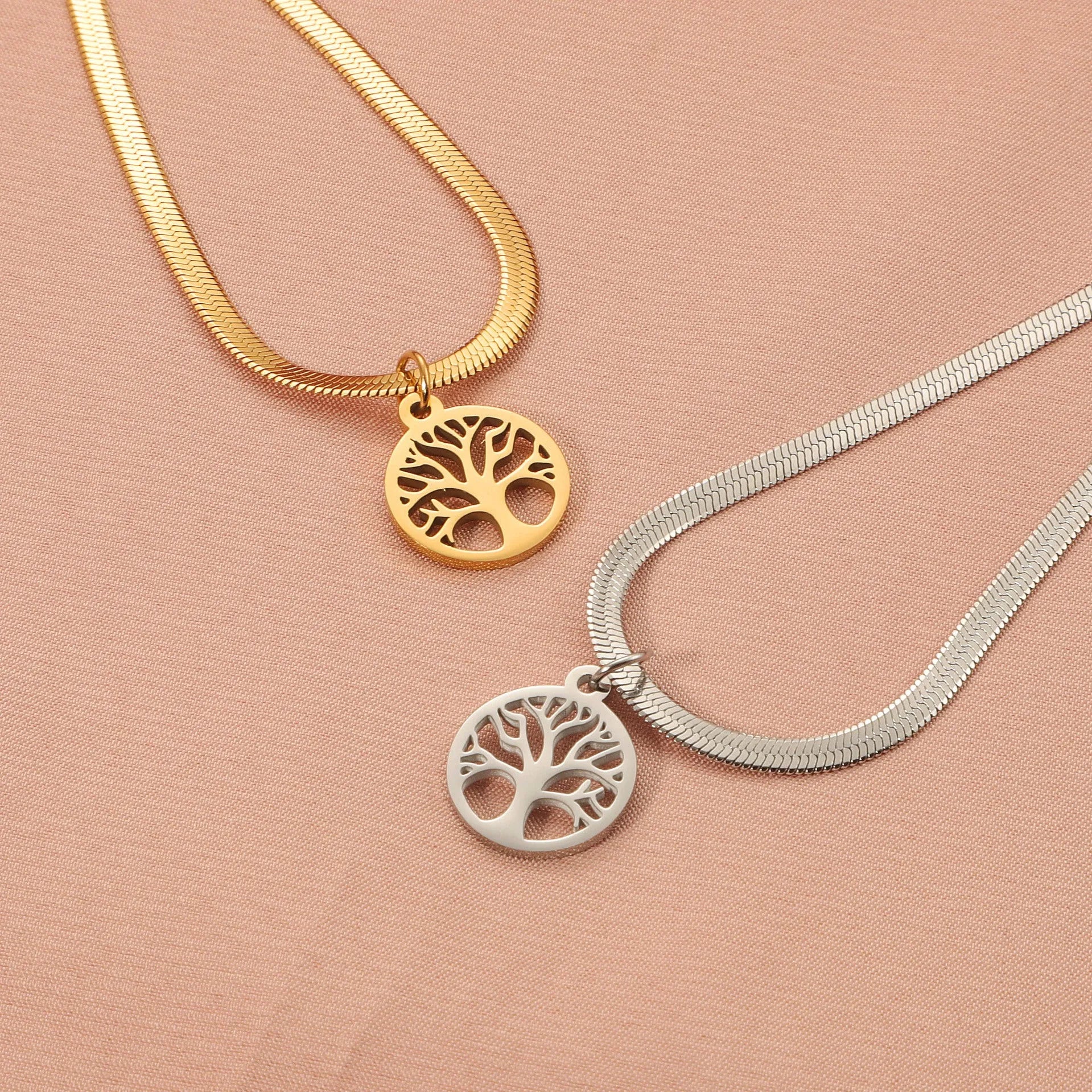 Stainless steel lucky tree pendant necklace on snake bone chain in gold finish