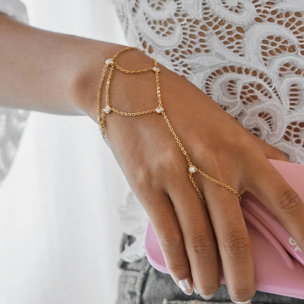 Zircon mitten-type bracelet with tassel, stainless steel and alloy, light luxury women's jewellery geometric round design